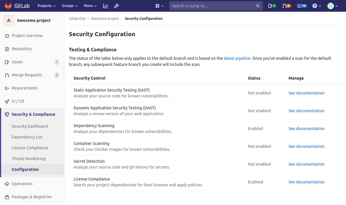 Screenshot of security configuration page