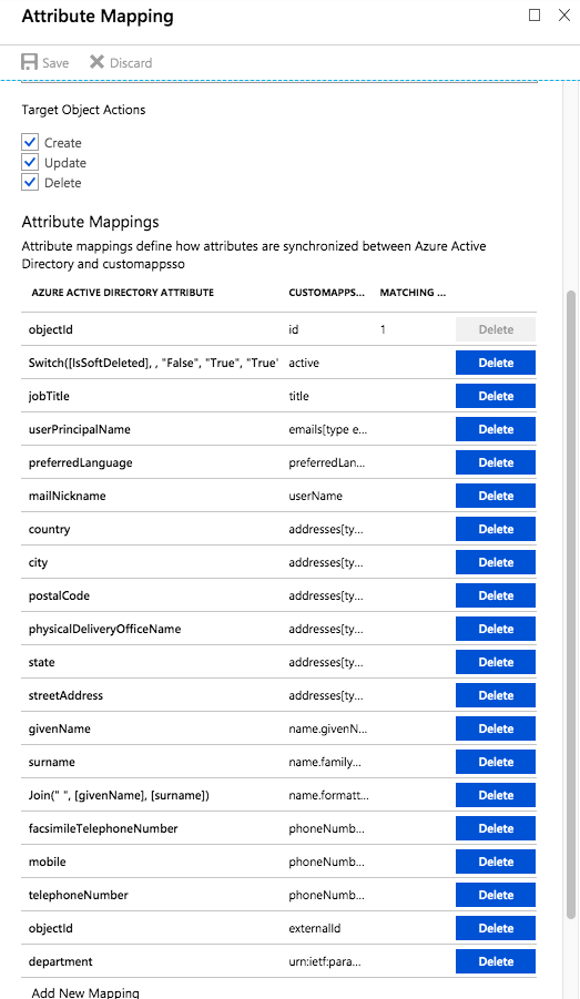 Azure's attribute mapping configuration