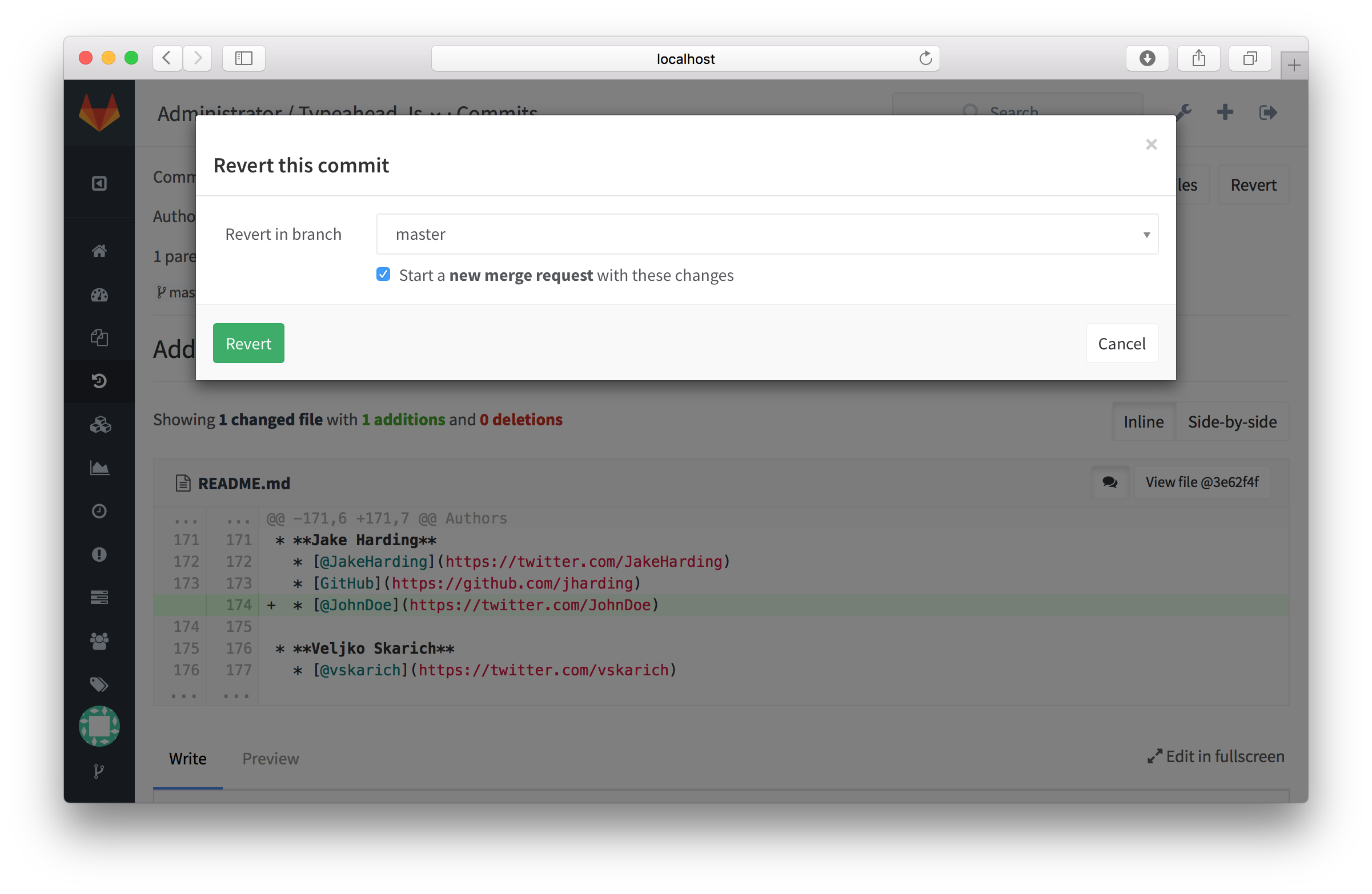 Revert commit modal