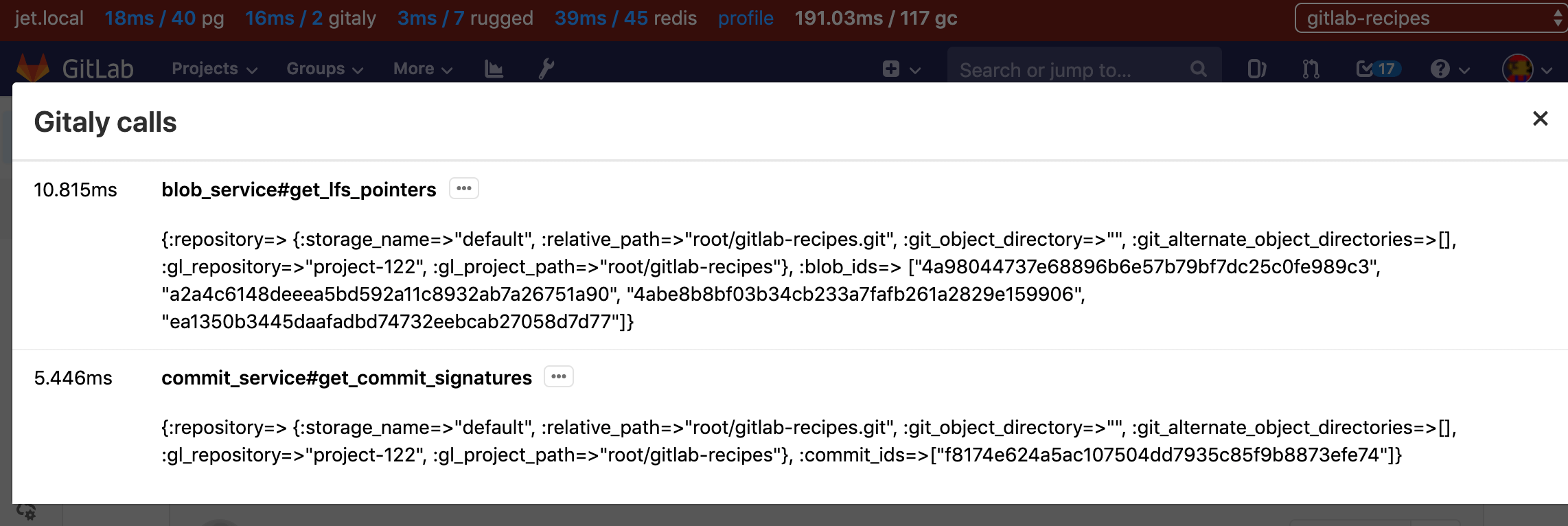 Gitaly profiling using the Performance Bar