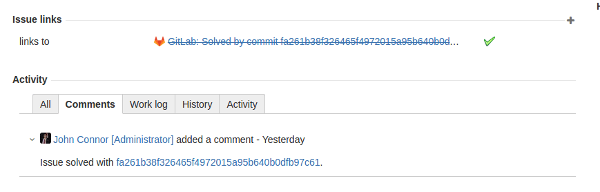 The GitLab integration creates a comment and a link on Jira issue.