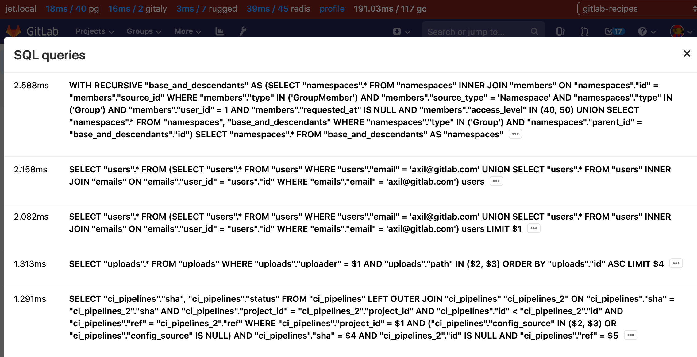 SQL profiling using the Performance Bar