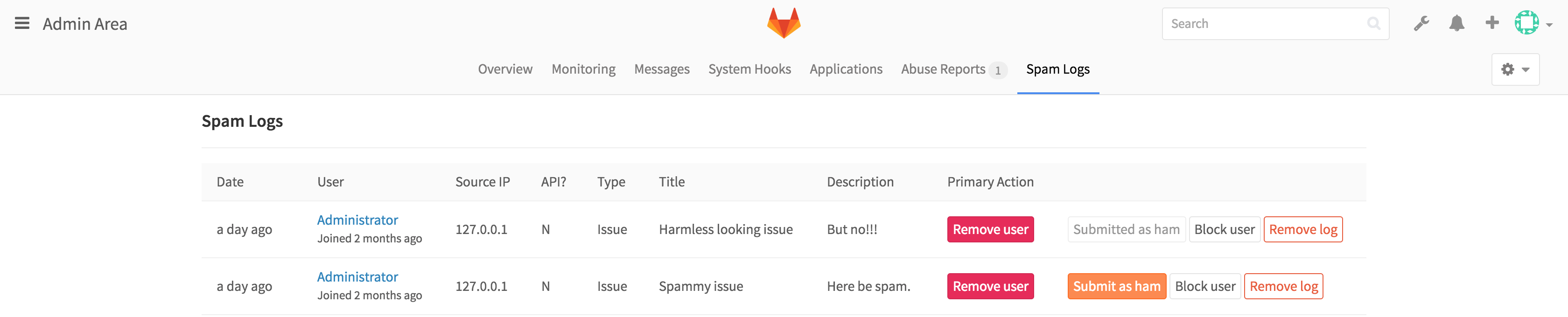 Screenshot of Spam Logs