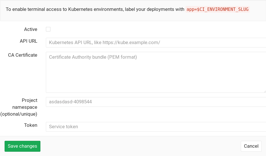 Kubernetes configuration settings