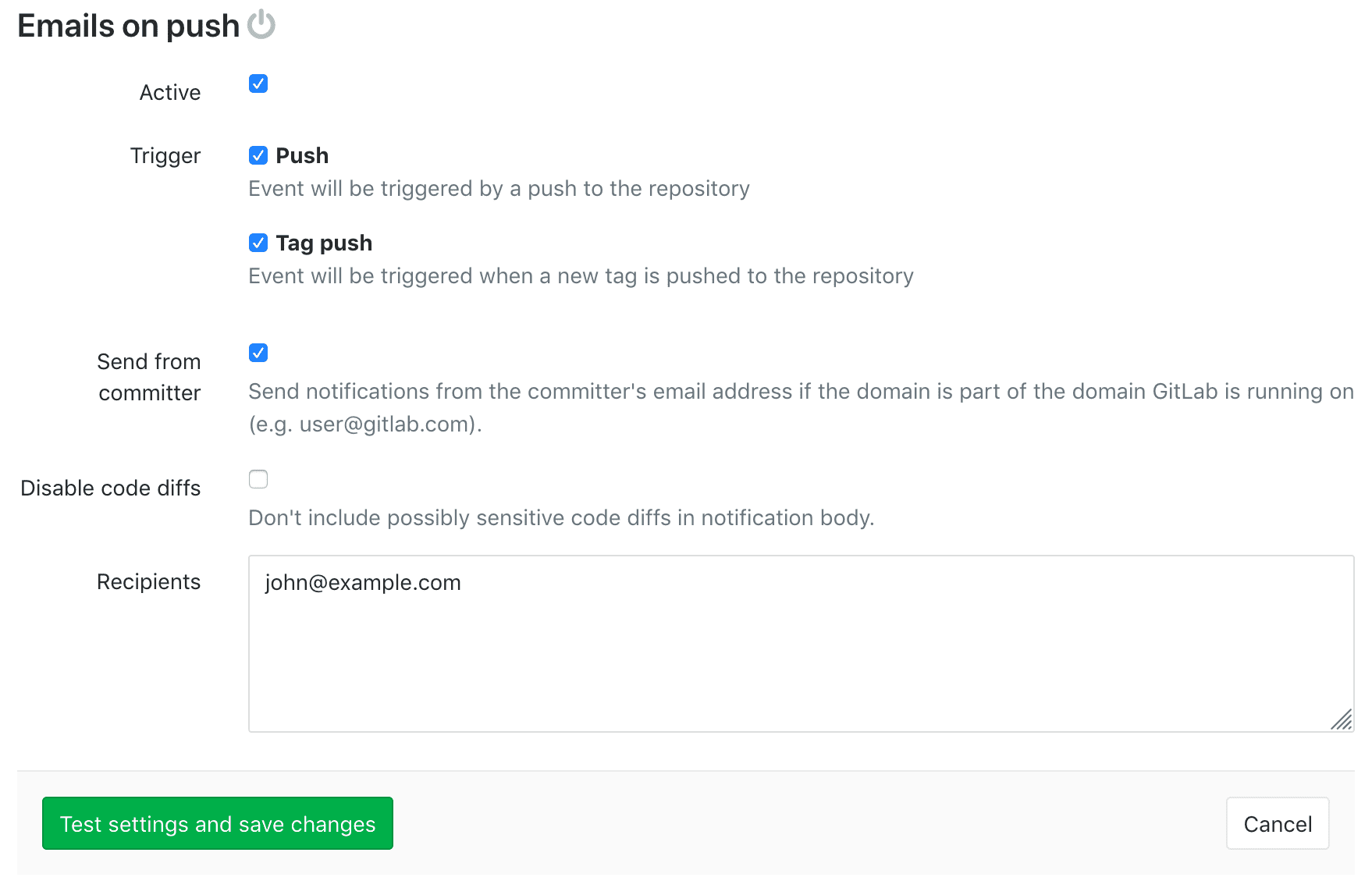 Email on push service settings