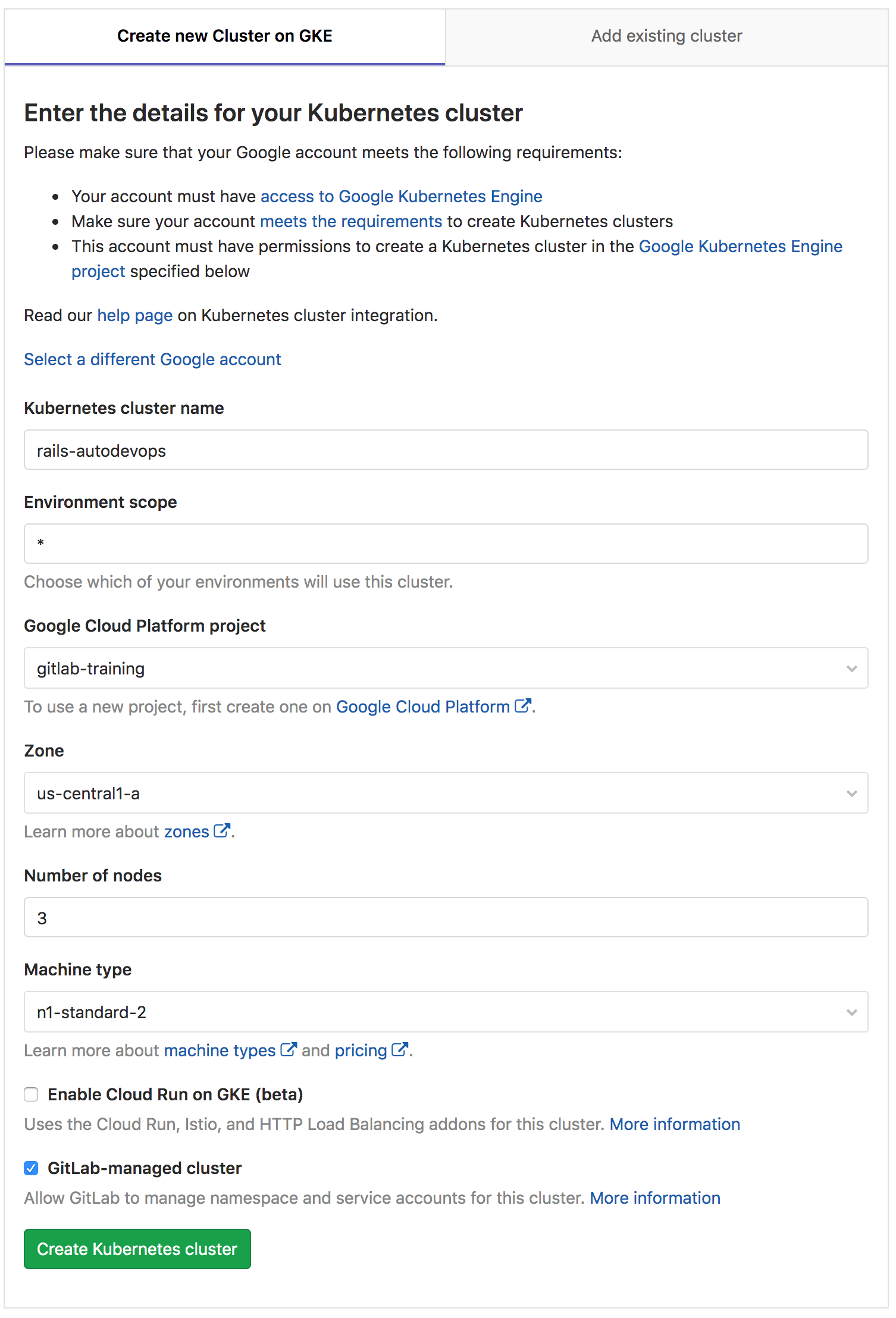GitLab GKE cluster details