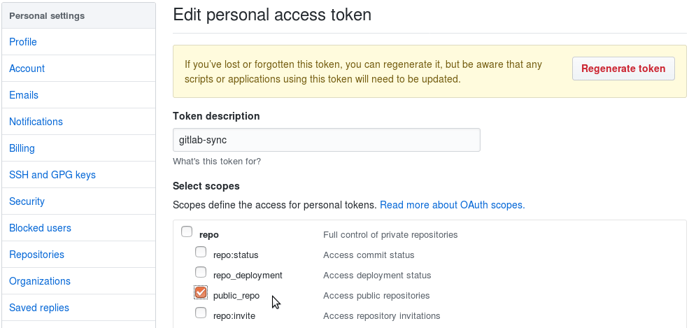 edit personal access token GitHub