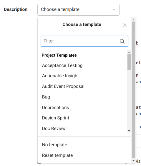 Choosing a description template in an issue