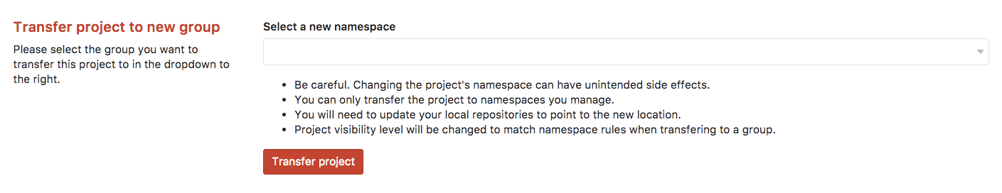Transfer a project to a new namespace