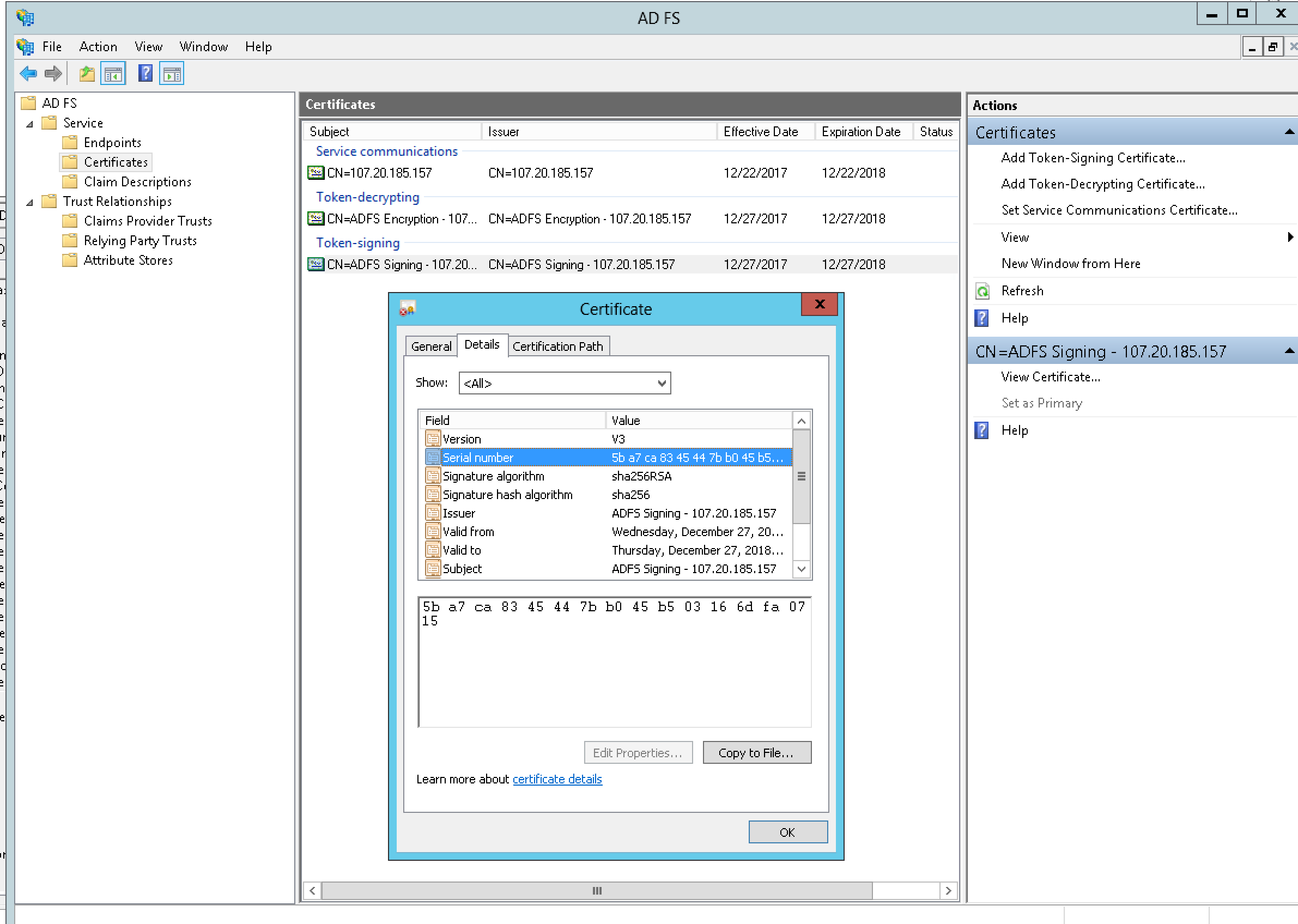 ADFS Determine Token Signing Certificate Fingerprint