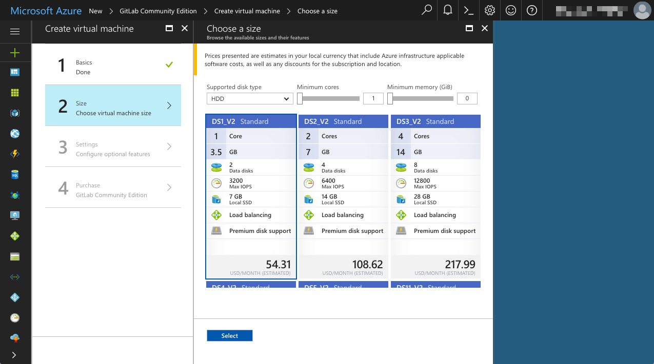 Azure - Create Virtual Machine - Size