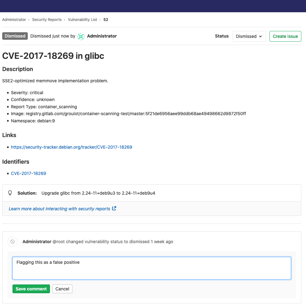 Dismissed vulnerability comment