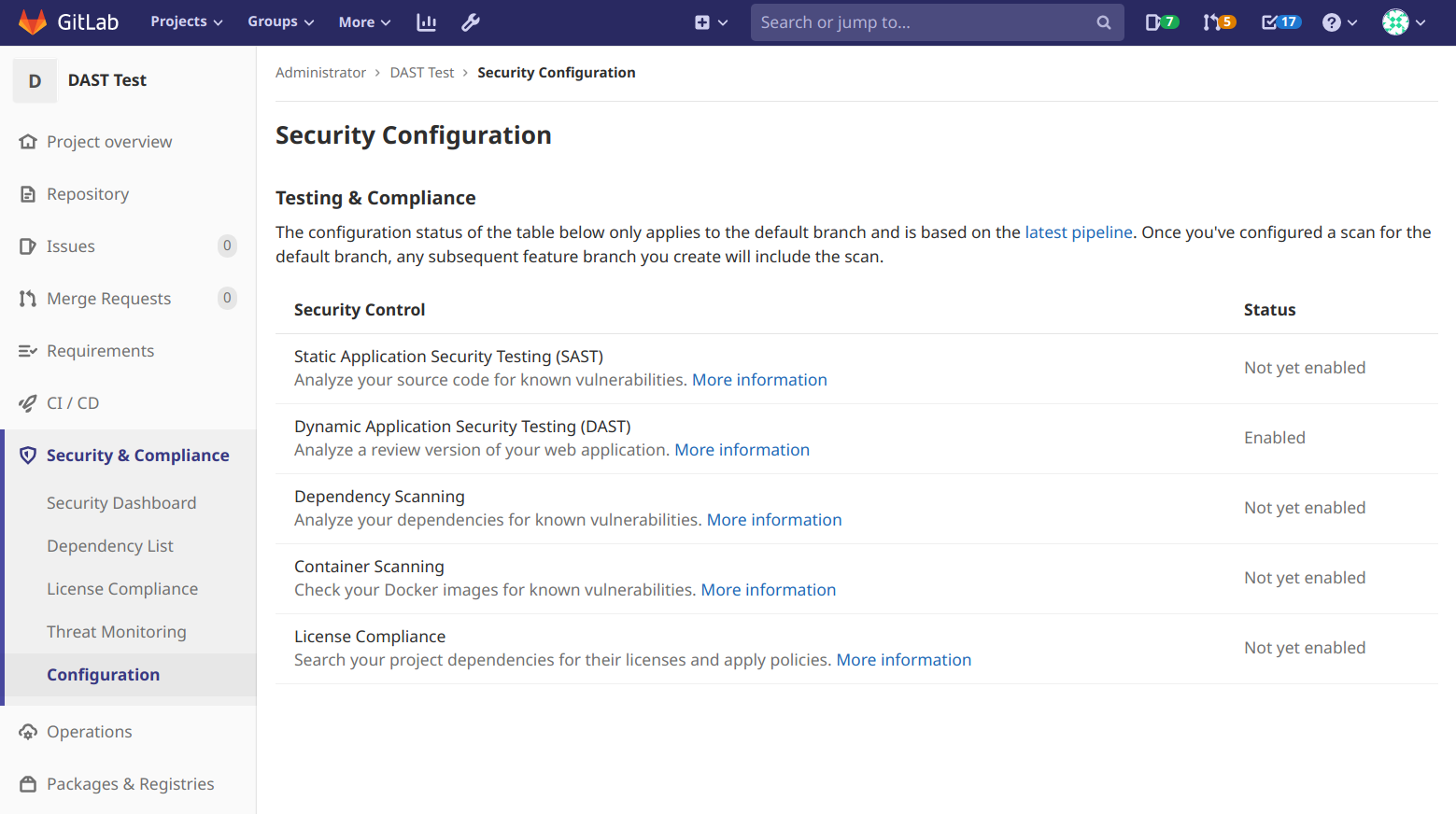 Screenshot of security configuration page