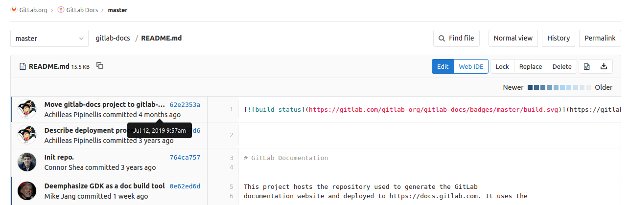 Git blame output