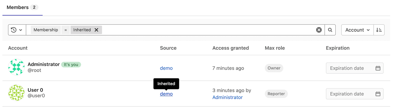 Project members filter inherited