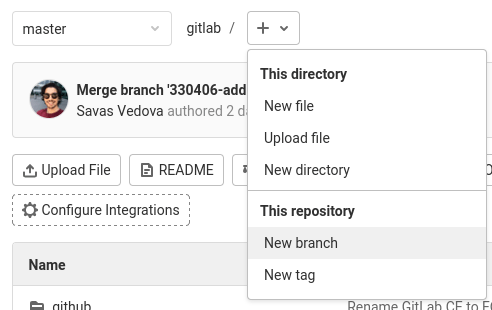 New branch dropdown