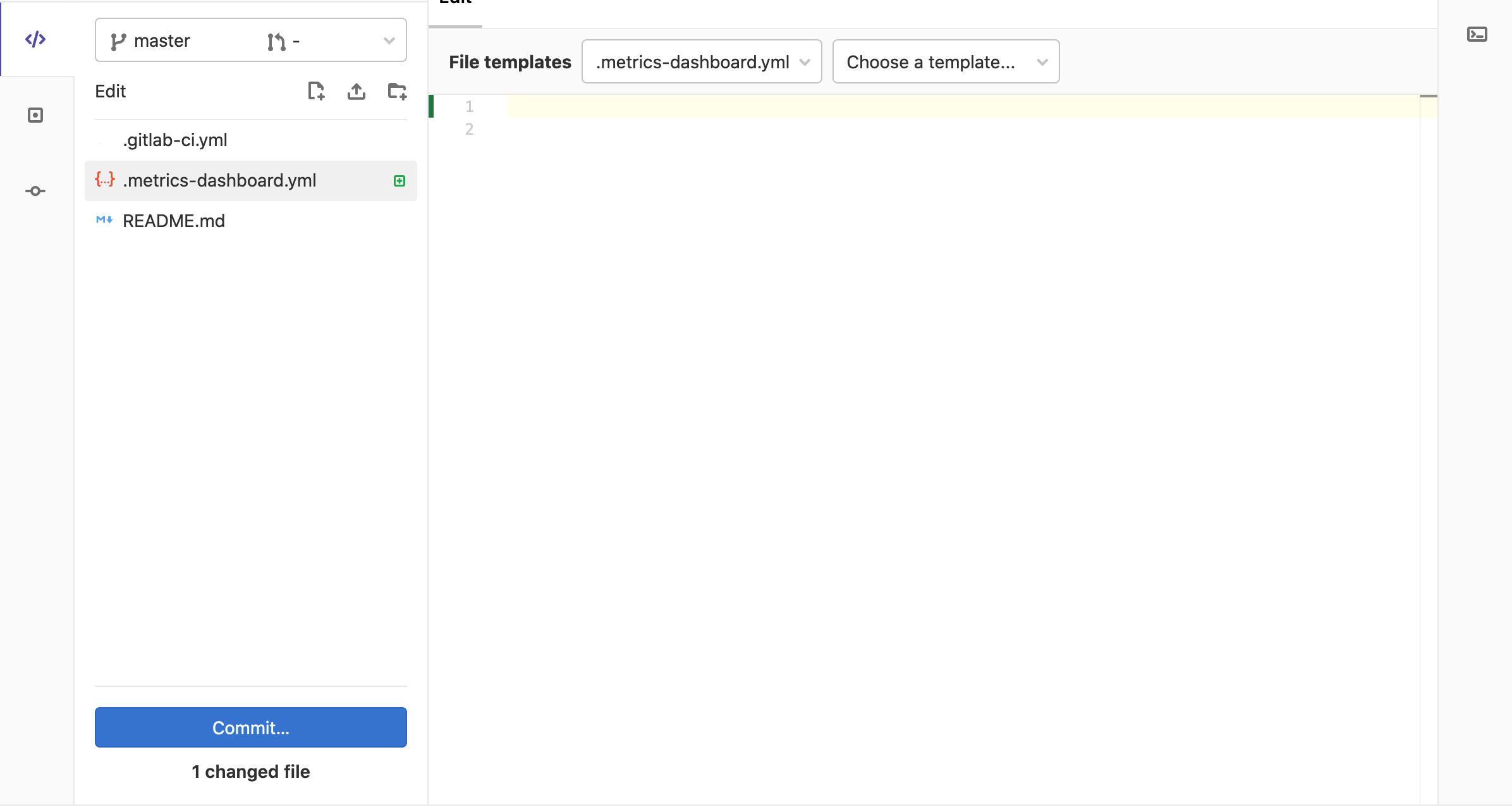 Metrics dashboard template selection WebIDE