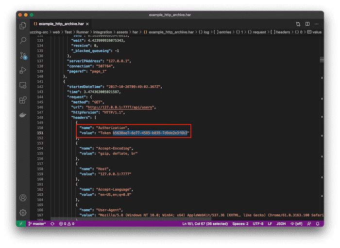 Authorization token edited in Visual Studio Code