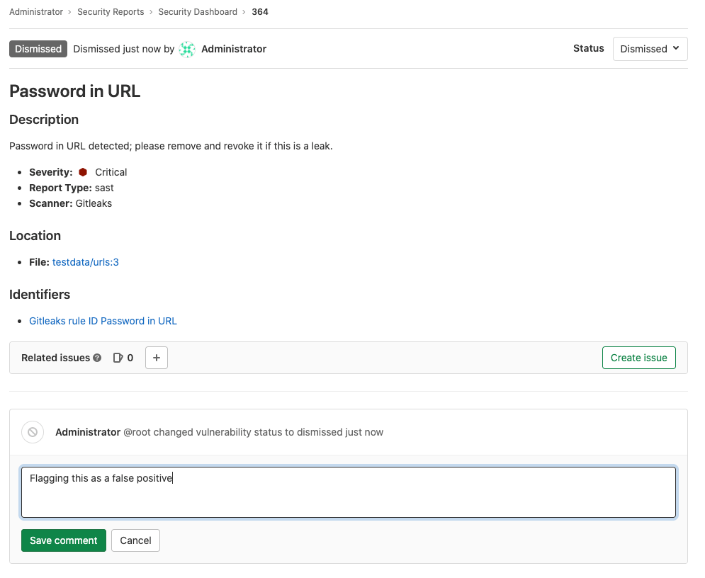 Dismissed vulnerability comment