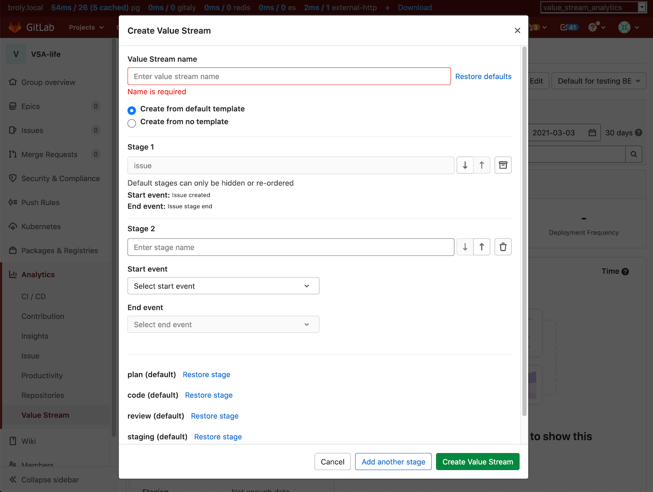 Extended create value stream form