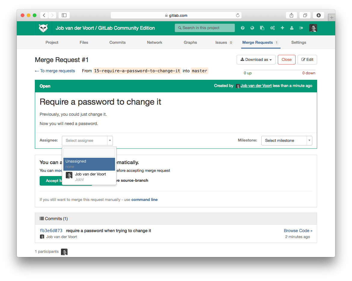 Merge request with the branch name "15-require-a-password-to-change-it" and assignee field shown