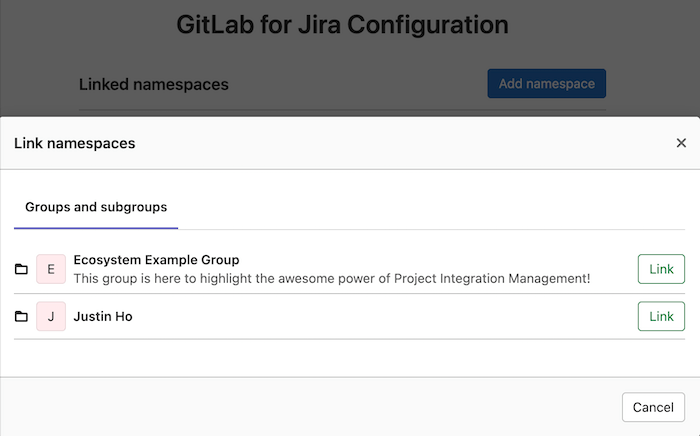 Link namespace in GitLab Jira App