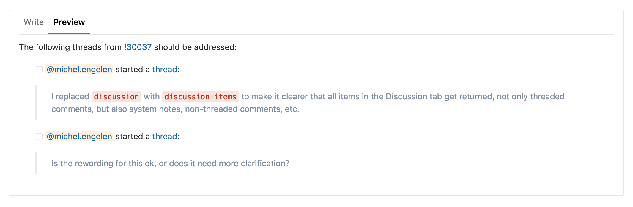 Issue mentioning threads in a merge request