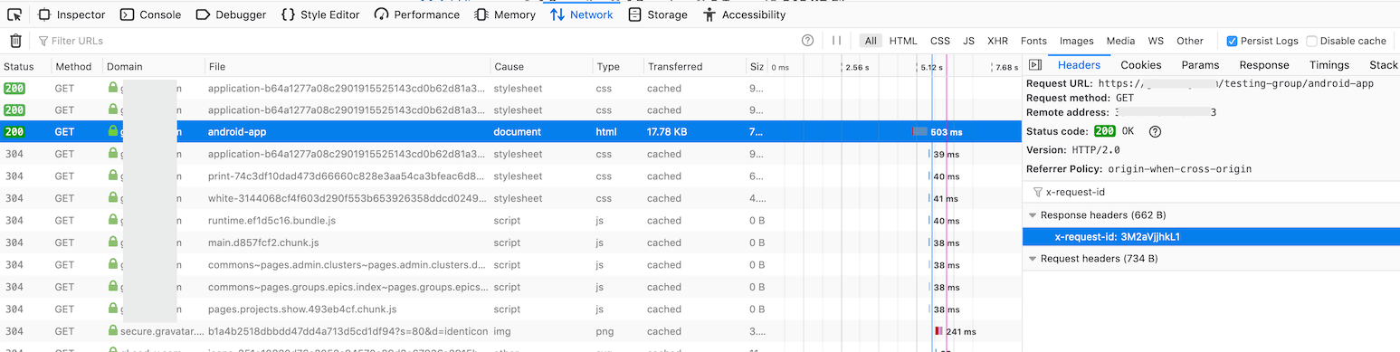 Firefox's network monitor showing an request ID header