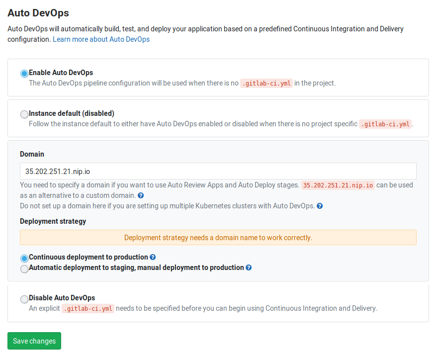 Auto DevOps settings