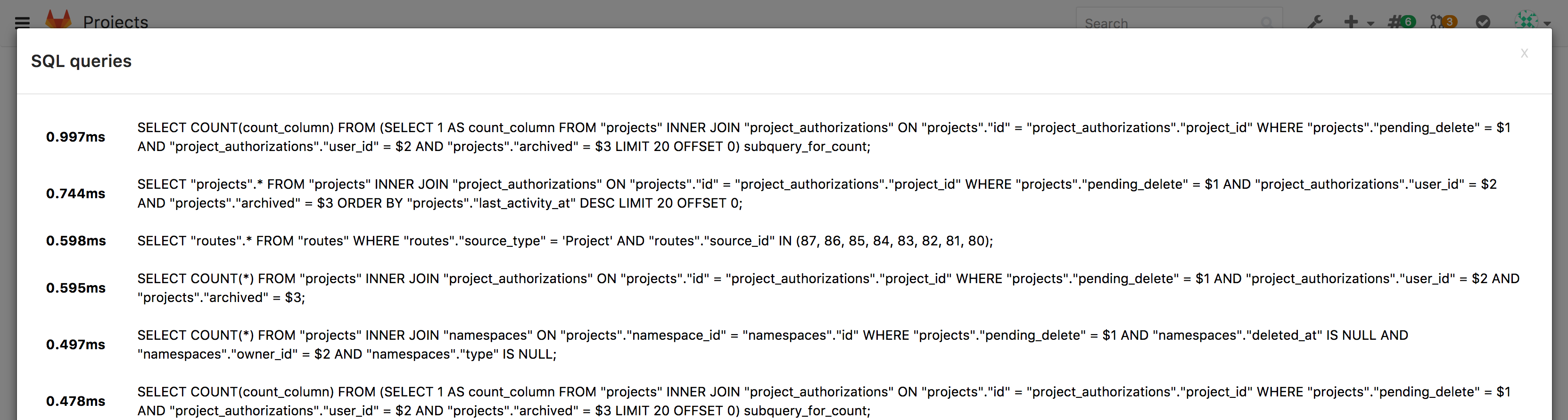 SQL profiling using the Performance Bar