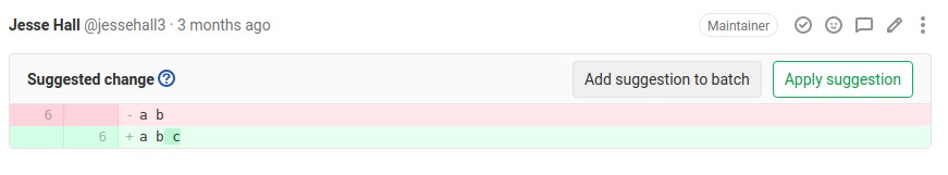 A code change suggestion displayed, with the button to add an additional suggestion to a batch highlighted.