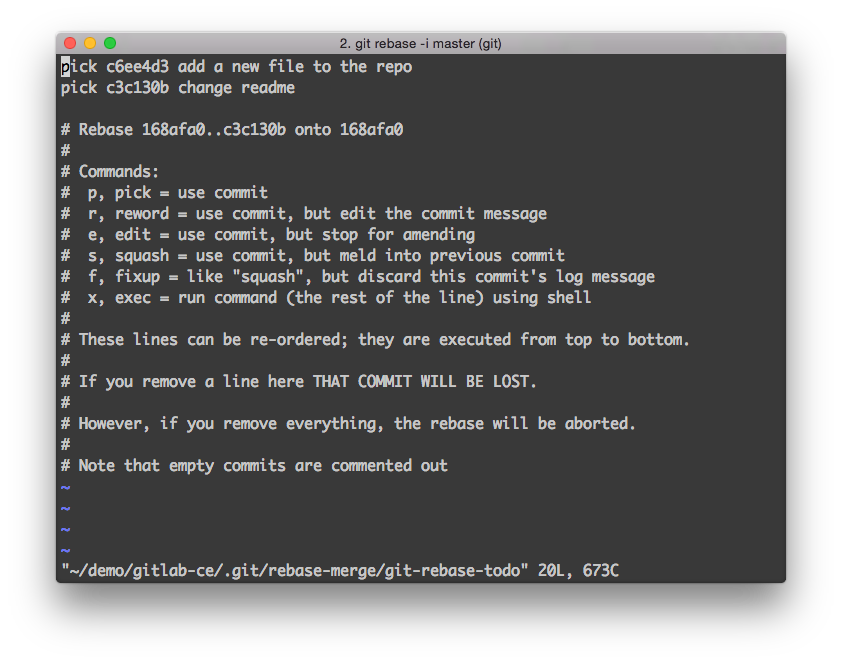 Vim screen showing the rebase view