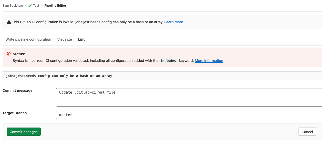 Linting errors in a CI configuration