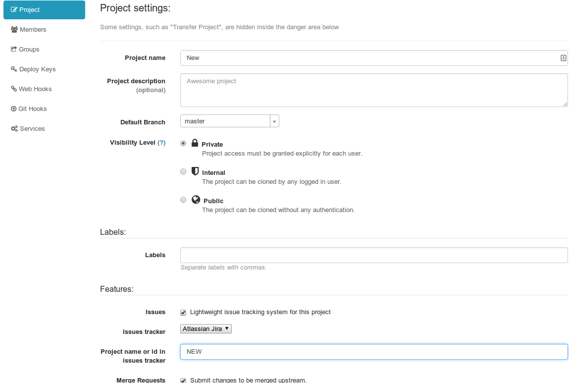 Set the JIRA project name in GitLab to 'NEW'