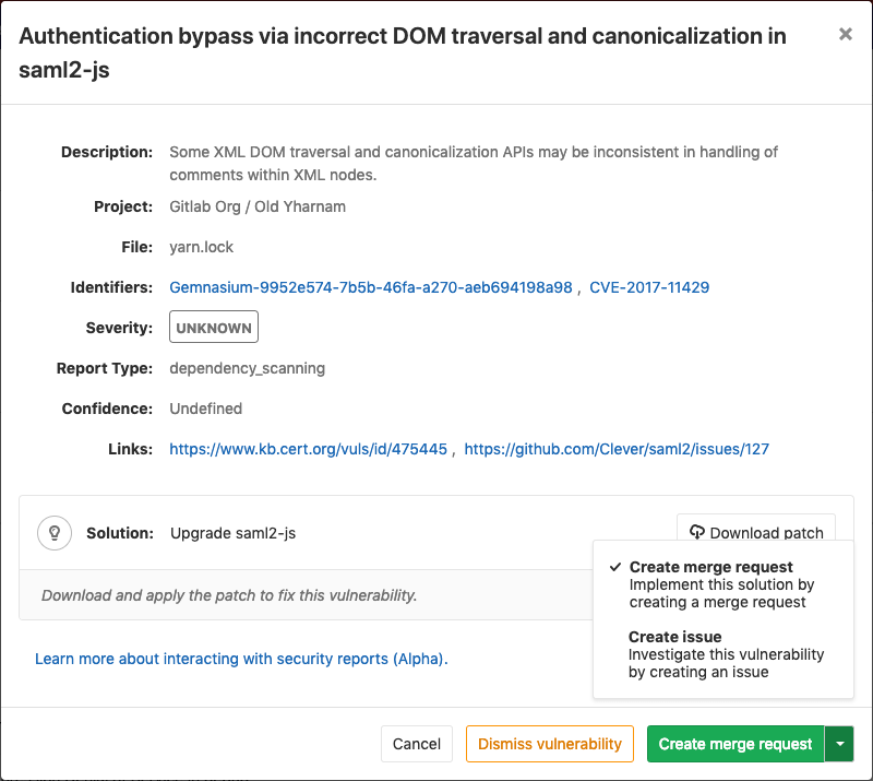 Create merge request from vulnerability