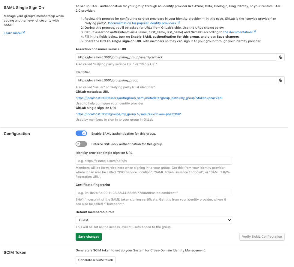 SCIM token configuration