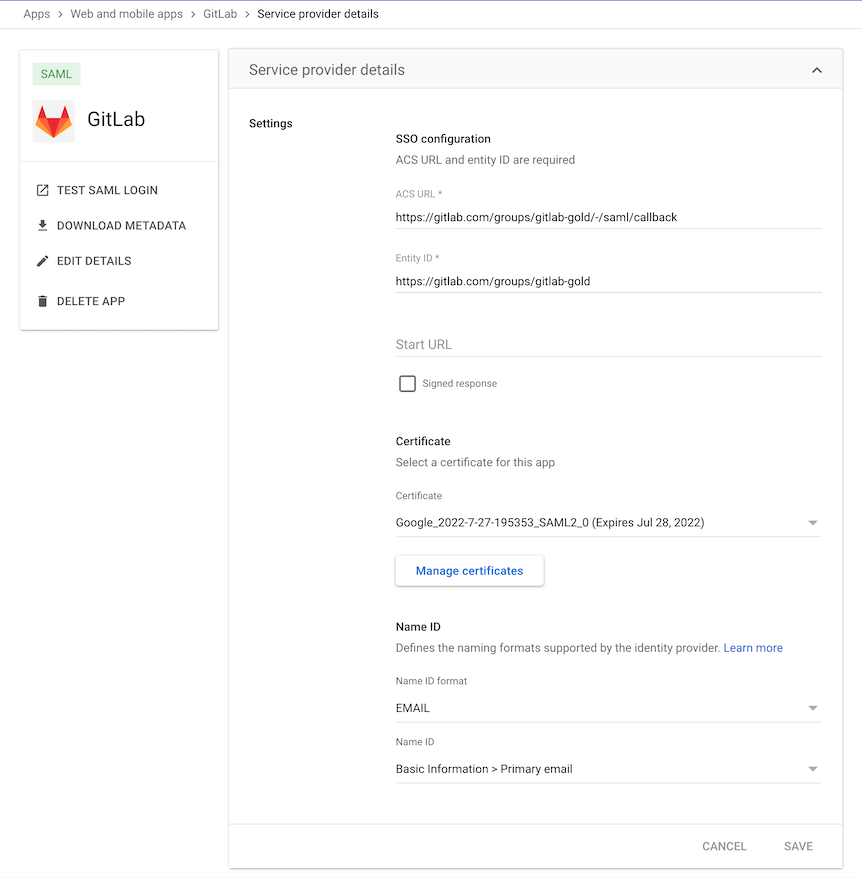 Google Workspace basic SAML