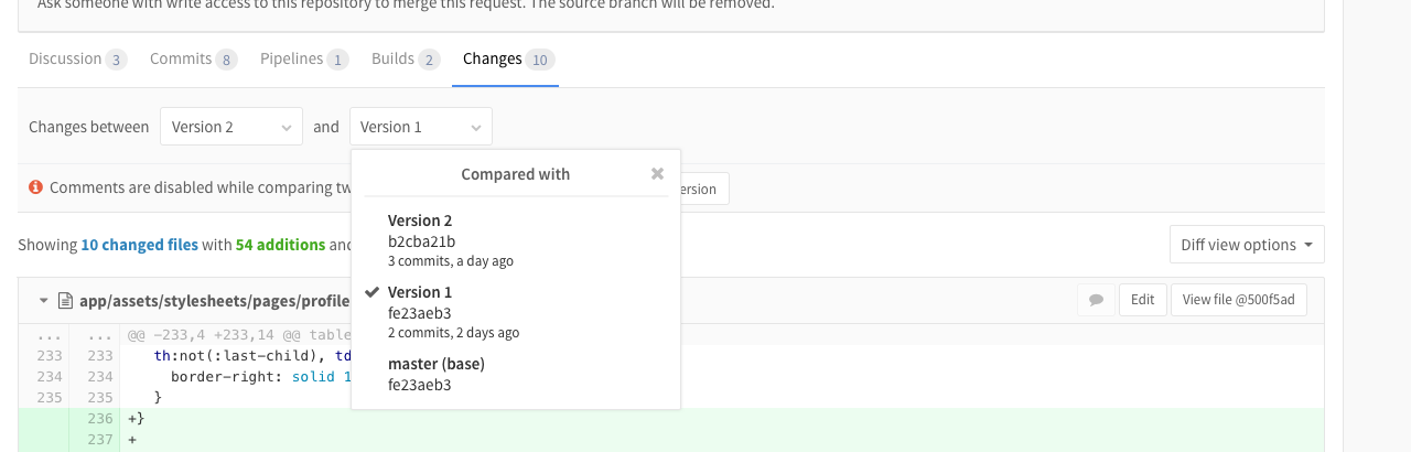 Merge request versions compare