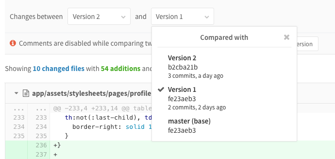 Merge request versions compare