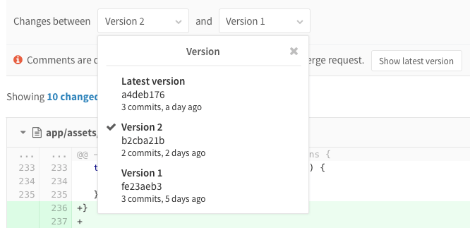 Merge request versions dropdown