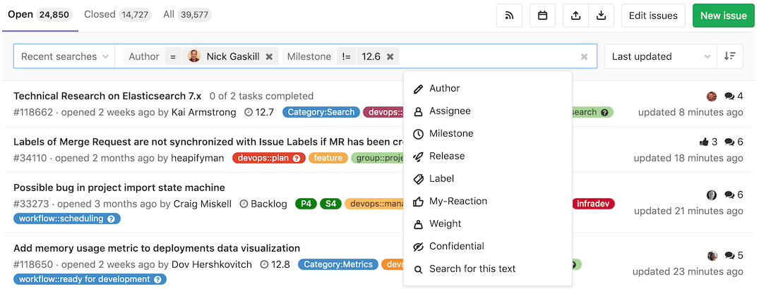 filter issues in a project