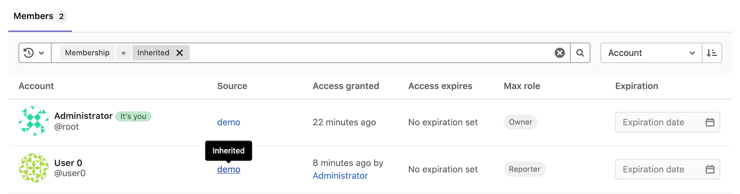 Project members filter inherited