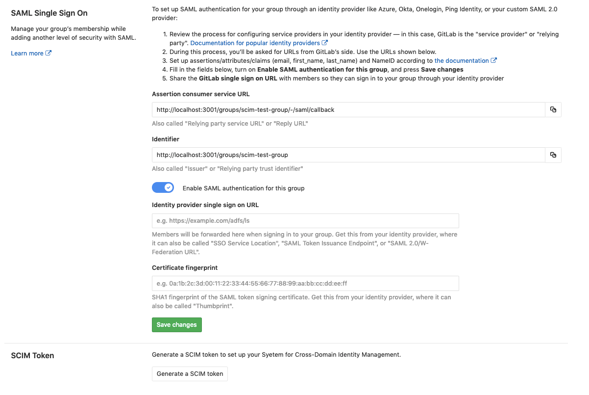 SCIM token configuration