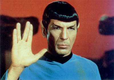 A photo of Spock showing the Vulkan greeting